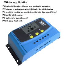 Load image into Gallery viewer, HUINE Parameter Adjustable 12V 24V Lithium ion Lifepo4 Lead Acid Battery PWM Solar Charge Controller 30A 40A Battery Controller Regulator with LCD Digital Display Dual 5V USB
